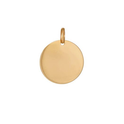 Siersbøl rundt pladevedhæng i 8 eller 14 kt guld, 18 mm – enkelt vedhæng med mulighed for gravering.